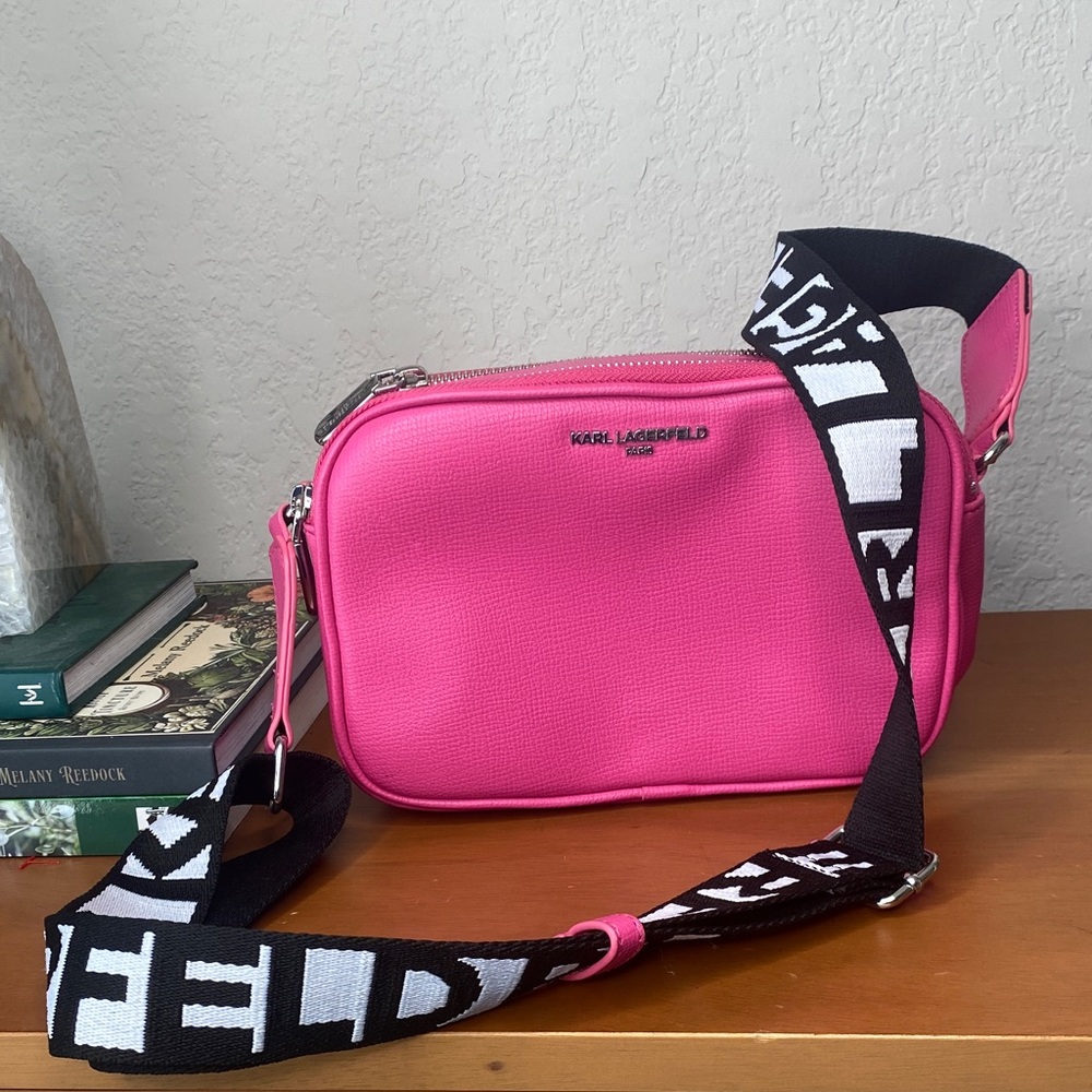 Karl Lagerfeld Hot Pink Camera-Style Crossbody with Logo Strap